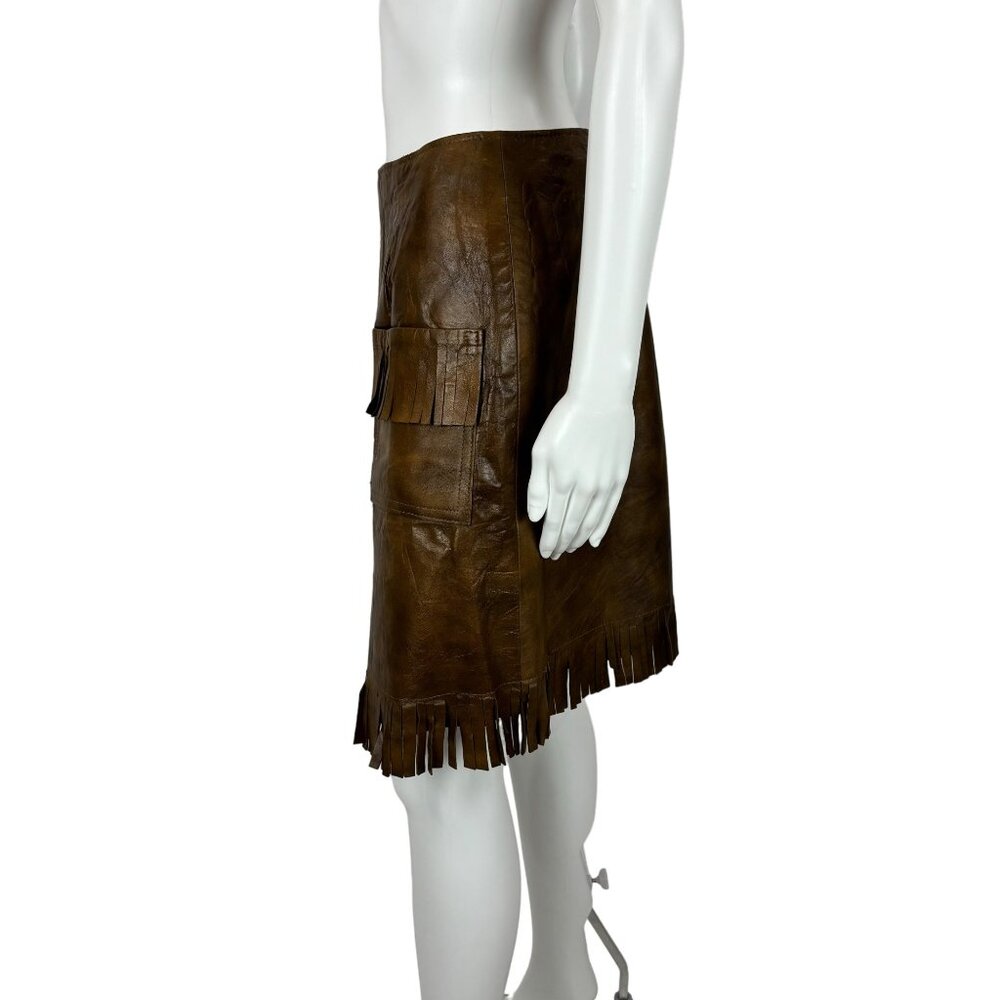 Vintage 60s Faux Leather Skirt Women's Small Brown Fringe Mini Cowgirl Western - Picture 6 of 9
